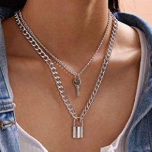 Silver 2 Layer Lock & Key Necklace